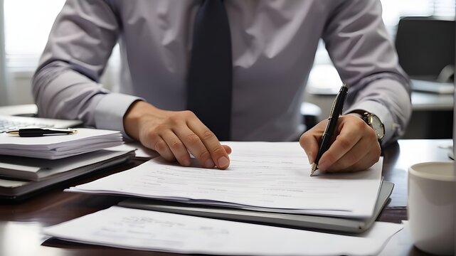 Close-up of an office worker using paperwork at a table