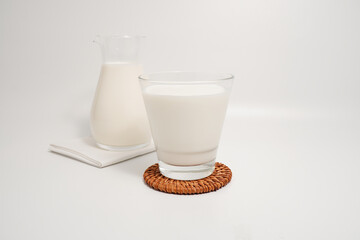 Fresh milk drink in a clear glass, white background
