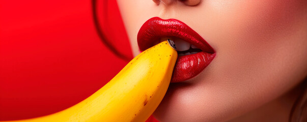 sexy and intimate concept, woman licks and takes a banana in her mouth on a color background, the girl's tongue and lips erotically touch the fruit. AI generated.