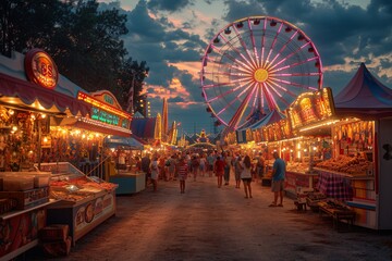 Glowing Carnival Rides and Vendors: A Nighttime Market Experience Generative AI