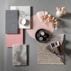 Creative flat lay composition with textile and paint samples, panels and tiles. Stylish inte. Generative AI.