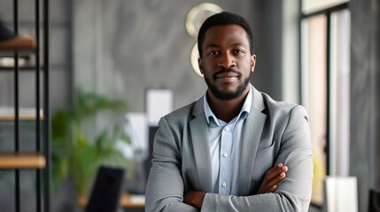 confident black businessman in office looking at camera