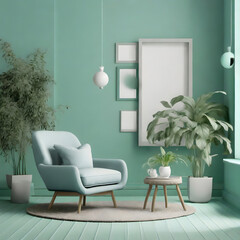 Creative interior design in green studio with plant pot and armchair. Pastel blue and white. Generative AI.