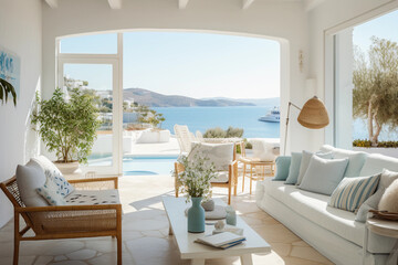 Obraz premium Opulent Hotel Room Featuring Elegant Interior Design, Panoramic View, and Stylish Furniture in a Luxurious Setting