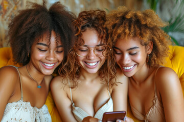 Three afro girls sharing a delightful moment on a yellow couch looking at a smartphone together.