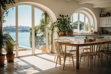 Fototapeta premium Wooden Furniture Elegance: A luxurious restaurant with a captivating view, featuring stylish wooden chairs, exquisite interior design, and an inviting atmosphere, blending the comfort of home with the