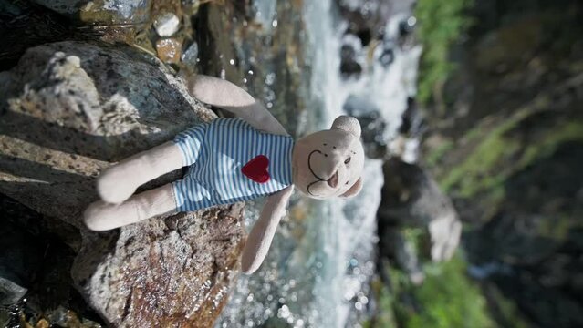 toy plush teddy bear sits on a rock by a mountain river on a camping trip in summer. Vertical slow motion