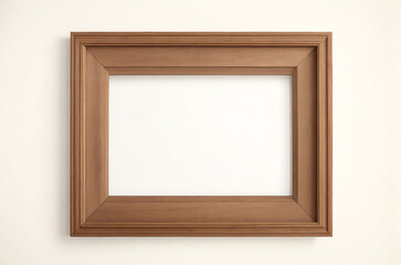 Marco vertical rectangular fino de madera clara colgado en una pared con textura blanca, plano, vista superior, ilustración 3D.