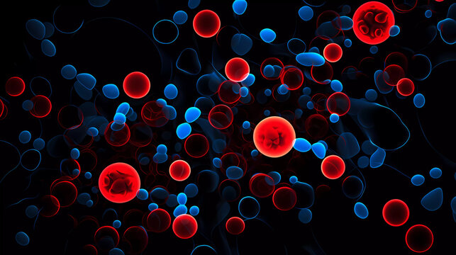A group of red and blue cells in a black background