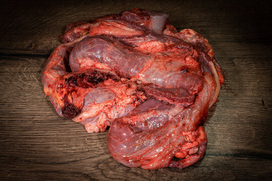 raw cow beef parts on wooden background. Fresh beef parts for sale. Food for dog