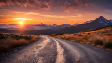 Capture the tranquility of a deserted mountain road bathed in the warm hues of a breathtaking sunset. - Powered by Adobe