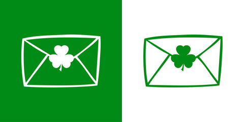 Día de San Patricio. Mensaje de suerte. Silueta de trébol en sobre cerrado para su uso en felicitaciones y tarjetas