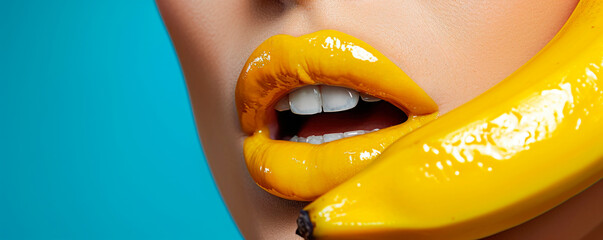 sexy and intimate concept, woman licks and takes a banana in her mouth on a color background, the girl's tongue and lips erotically touch the fruit. AI generated. - obrazy, fototapety, plakaty
