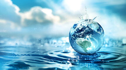 World globe splashing in water, World Water Day concept. Global water awareness, planet in splash, ecology. Planet conservation, water splash, environmental concern. Globe floating on water surface