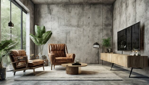 living room with a table, Living room interior have cabinet for tv and leather armchair in cement room with concrete wall.