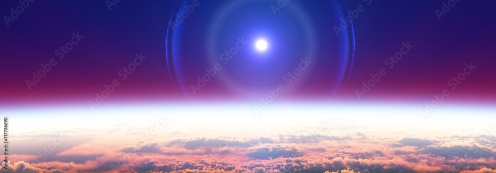Wall mural earth sunrise from space over cloudy ocean. 3d rendering