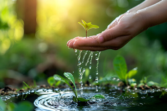 Hand hold young plant on natural background with water, nurturing growth with water, World Water Day symbol. Caring for young plant, water sustainability message. Hand watering sapling