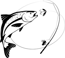 Fish jumping for bait and fishing rod silhouette. Design for fishing and sport fishing