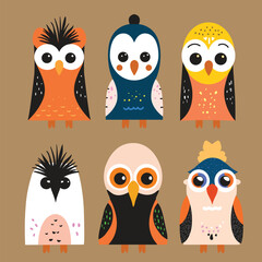 fancy birds, line art, graphics, cartoon birds, vector illustration.