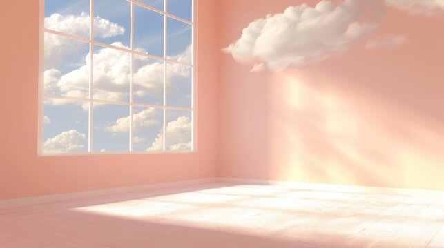 Generative AI, peach fuzz color fantastic 3d clouds in the room interior, sky and landscape. Gentle colors and with bright lights
