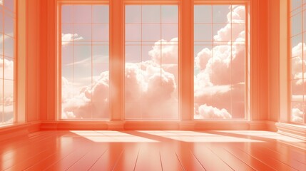 Generative AI, peach fuzz color fantastic 3d clouds in the room interior, sky and landscape. Gentle colors and with bright lights
