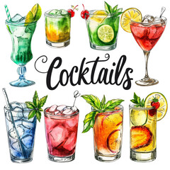Illustration of Cocktails Isolated on Transparent or White Background, PNG - obrazy, fototapety, plakaty