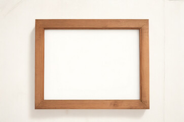 Obraz premium Marco vertical rectangular fino de madera clara colgado en una pared con textura blanca, plano, vista superior, ilustración 3D.