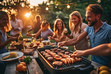 Candid family and friends outdoors, summer barbecue in backyard, enjoying food, laughter, and togetherness, Generative AI - obrazy, fototapety, plakaty