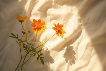 Delicate plant on a soft cotton fabric. Background image. Created with Generative AI technology