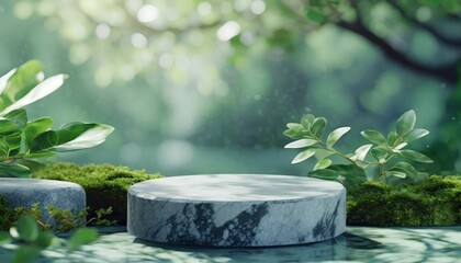 White luxury marble podium with green leaves on nature background, 3d render, jungle forest natural, product photography advertising 