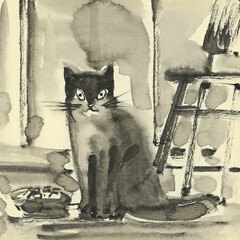 The grey cat is in the room. Drawing in ink and watercolor.