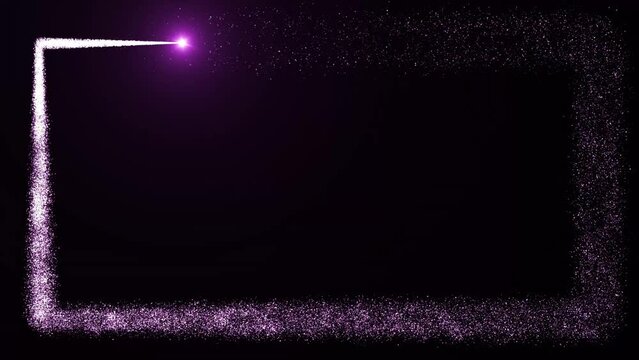 Bright light source draws a rectangular frame of purple particles on a dark background. Animation with free space in the middle . Animation can be overlay or add to any video to make the background