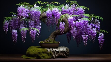 A close-up shot of Japanese Wisteria Bonsai branches, showcasing the delicate clusters of purple flowers against a backdrop of lush green foliage. - Powered by Adobe
