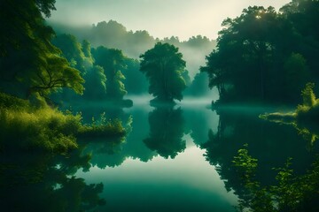Misty morning on a tranquil lake surrounded by lush greenery