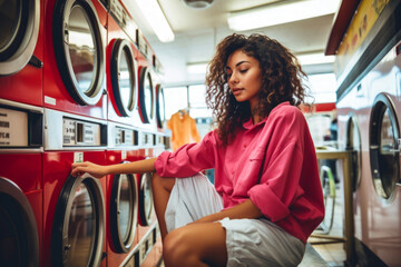 Afro woman doing laundry in the laundromat shop.