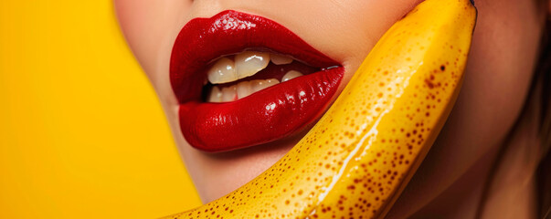 sexy and intimate concept, woman licks and takes a banana in her mouth on a color background, the girl's tongue and lips erotically touch the fruit. AI generated. - obrazy, fototapety, plakaty