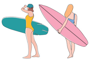 Girls with surfboards. International Surf Day Banner. One continuous line drawing of surfer girls. Vector illustration. Vector illustration