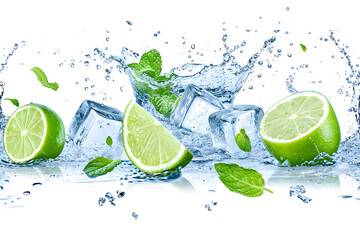 Mojito with ice cubes, lime fruit, realistic water splash and mint leaves