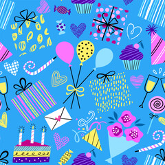 Birthday party seamless pattern. Vector background texture. Birthday wrapping paper - 717790470