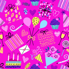 Birthday party seamless pattern. Vector background texture. Birthday wrapping paper - 717790473