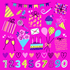 Birthday party object illustration vector set isolated with age number	 - 717790499