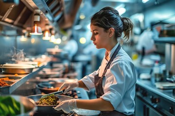 Woman chef directs team with expertise in restaurant kitchen. Lady chef meticulously crafts dish from menu ensuring caters to delight of guests at counter - Powered by Adobe