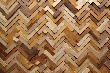 3D wooden mosaic tiles stacked in a herringbone pattern to form a wall with a soft sheen. Generative AI