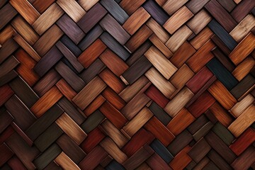 3D wooden mosaic tiles stacked in a herringbone pattern to form a wall with a soft sheen. Generative AI