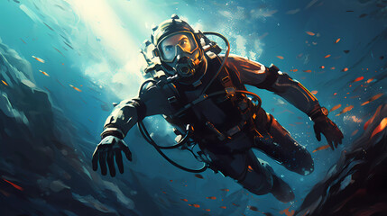 A scuba diver in a deep blue sea