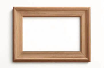 Marco vertical rectangular fino de madera clara colgado en una pared con textura blanca, plano, vista superior, ilustración 3D.