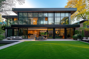A contemporary home with a large glass front, lawn and a patio