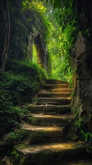 Stone staircase in jungle: A mysterious path unfolds as a stone staircase leads to a hidden doorway, ancient architecture. 