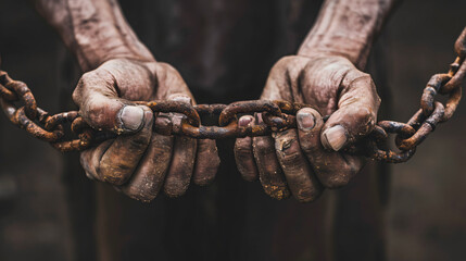 Photo two male hands holding a rusty metal chain - obrazy, fototapety, plakaty