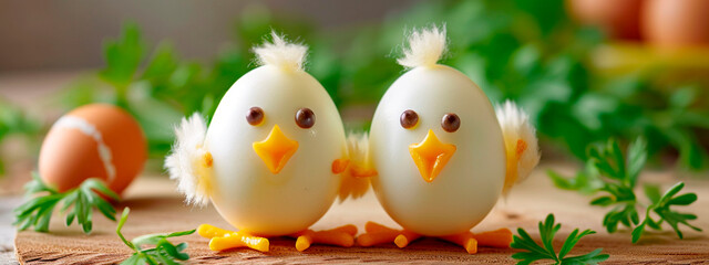 Funny chickens with stuffed eggs for Easter. Selective focus.